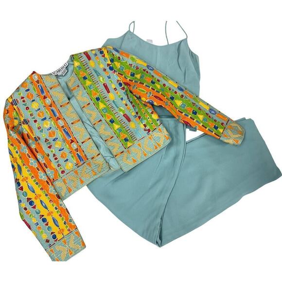 Carlisle Other - 3 PC 80s VTG Carlisle Silk Pant Suit Yellow Geo Jacket +Blue/Green Pants Top S